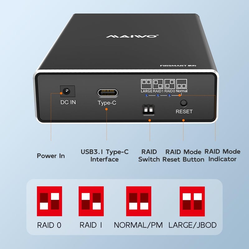 MAIWO حاوية RAID للقرص الصلب MAIWO مزدوجة الفتحة لقرص SSD/HDD SATA بحجم 2.5 بوصة، USB 3.1 GEN 2 بسرعة 10Gbps مع UASP، RAID 0/1/JBOD/PM، سعة 16TB، علبة قارئ القرص الصلب الخارجية من الألمنيوم - Image 4